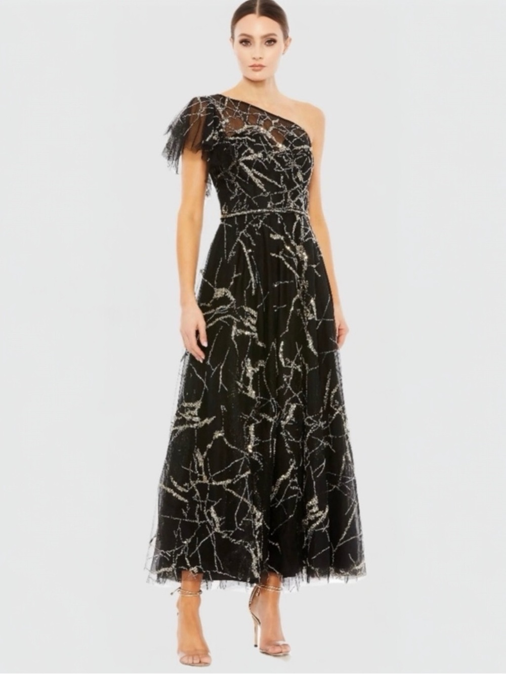 MAC DUGGAL Women’s 20427 Beaded Black Gold 1 Shoulder A Line Cocktail Midi Dress